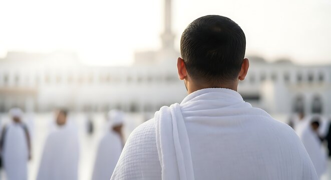 Back view of a Muslim male pilgrim wearing traditional white ihram garments standing in the courtyard of a mosque during the Hajj or Umrah pilgrimage in bright outdoor daylight.