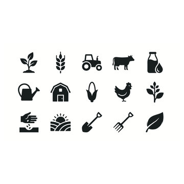 Agricultural icons depict farm tools, animals, and plants in a rural landscape setting with t80.svg reference.