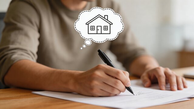 A person sits at a desk, contemplating a home purchase while signing a mortgage loan document with a pen, lost in thought about their future.