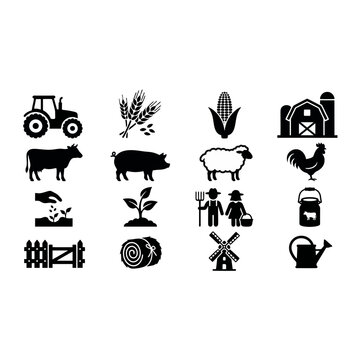 Farm icons showcase tractor, wheat, barn, cow, pig, sheep, chicken, and various rural objects.
