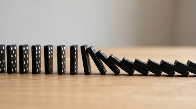 A line of black dominoes standing on a wooden surface, with several tiles captured in mid-fall, illustrating the chain reaction known as the domino effect