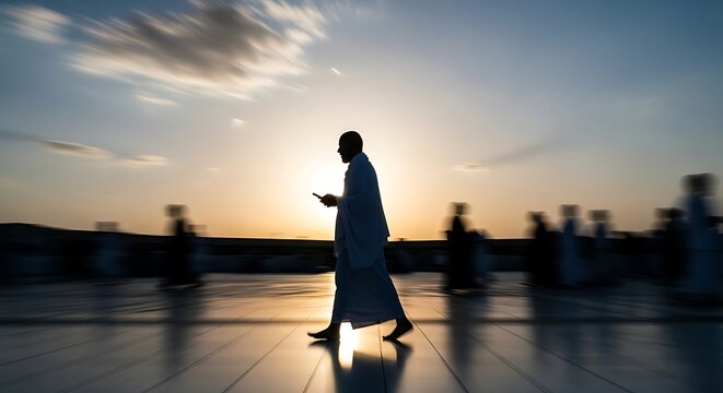 Silhouette of a Muslim male pilgrim wearing traditional white ihram clothing walking across a reflective courtyard while using a smartphone during sunset or sunrise at Hajj or Umrah.