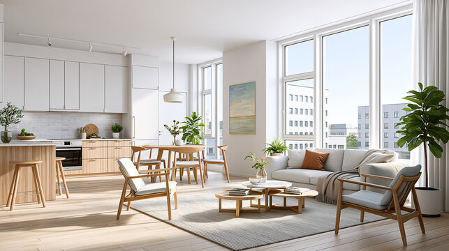 Helles Studio-Apartment im skandinavischen Stil mit wei&szlig;en W&auml;nden, hellem Holzboden, offener K&uuml;che, Essplatz, Sofa, Couchtischen, Pflanzen und dezentem Wandbild &ndash; minimalistisch und elegant.