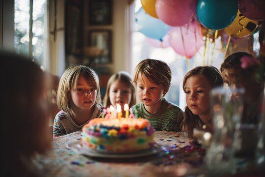 Warm family birthday moment with kids admiring a cake topped with candles