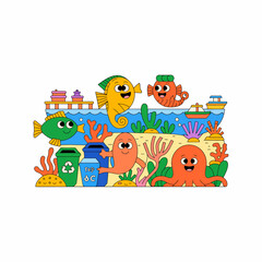 Fototapeta premium Vibrant underwater ocean scene with happy cartoon sea creatures and recycling bins promoting environmental conservation and sustainability for kids education concept art