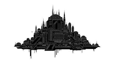 Fototapeta premium Futuristic city silhouette with architectural towers on white background