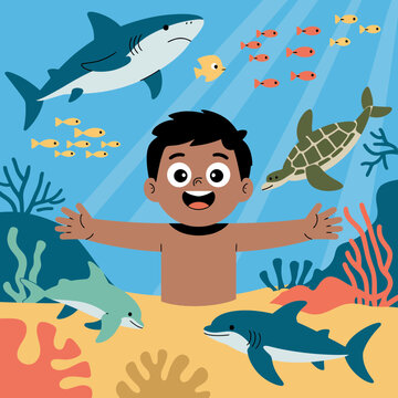 Happy boy swimming underwater with friendly sea animals like sharks dolphins and turtles in a vibrant blue ocean scene with coral reefs and sandy seabed cartoon illustration