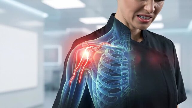 Shoulder rotator cuff injury pain medical anatomy muscle bone discomfort clinical environment digital illustration health education treatment awareness clinical professional black scrubs shoulder