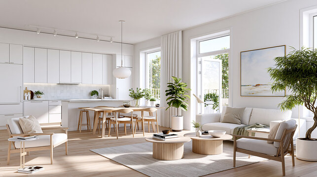 Helles Studio-Apartment im skandinavischen Stil mit wei&szlig;en W&auml;nden, hellem Holzboden, offener K&uuml;che, Essplatz, Sofa, Couchtischen, Pflanzen und dezentem Wandbild &ndash; minimalistisch und elegant.
