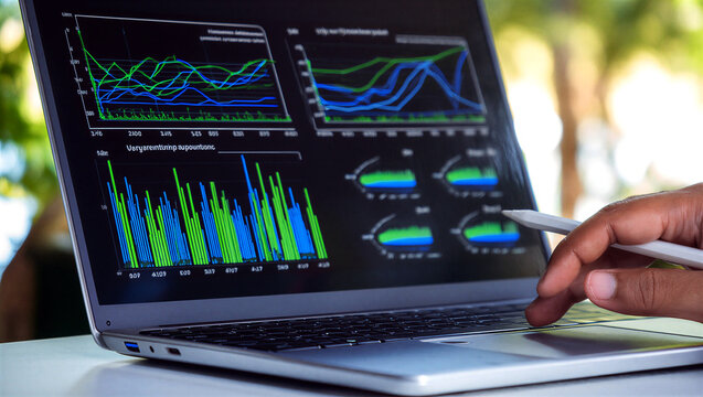 Business professional analyzing financial data charts and graphs on a laptop computer outdoors