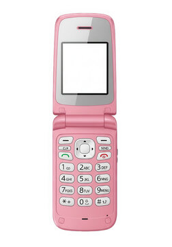 Pink flip mobile phone with heart designs isolated on transparent background