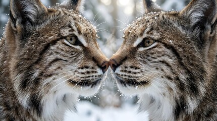 Obraz premium Extreme Close-Up Eurasian Lynxes Touching Noses – Winter Breath Merging, Snowflakes on Whiskers, Emotional Macro Wildlife Portrait, Ultra-Detailed 8K