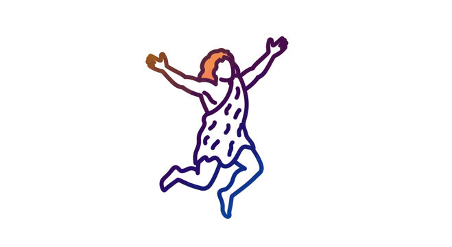 Joyful caveman jumping with arms raised in celebration, colorful gradient outline