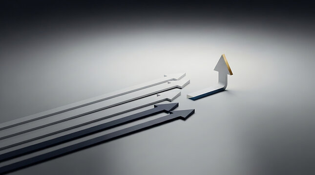 A golden arrow breaking away from a group of grey arrows, pointing upwards, symbolizing unique direction and success.
