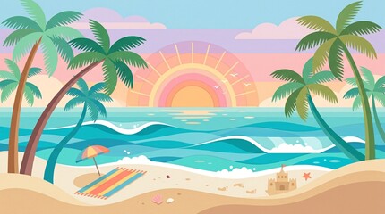 Obraz premium Tropical beach paradise at sunset with palm trees vibrant ocean waves and sandy shore