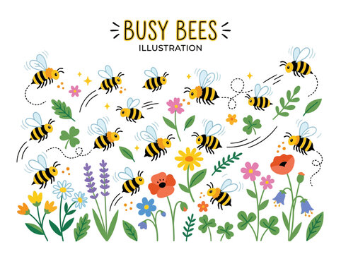 Busy Bees Flying Among Wildflowers in Spring Garden