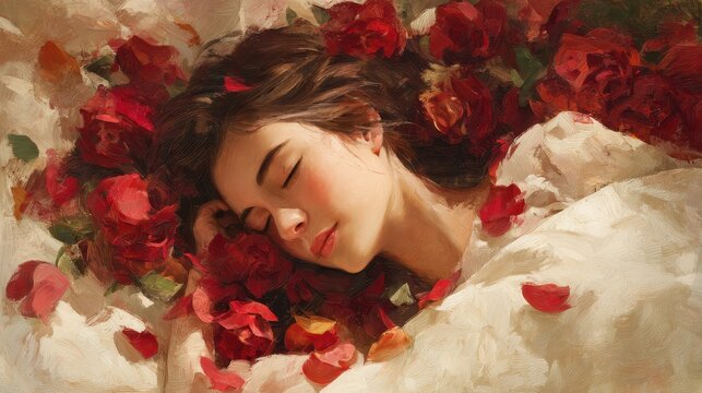Romantic illustration of a serene woman resting on a lush rose bed with gentle glow