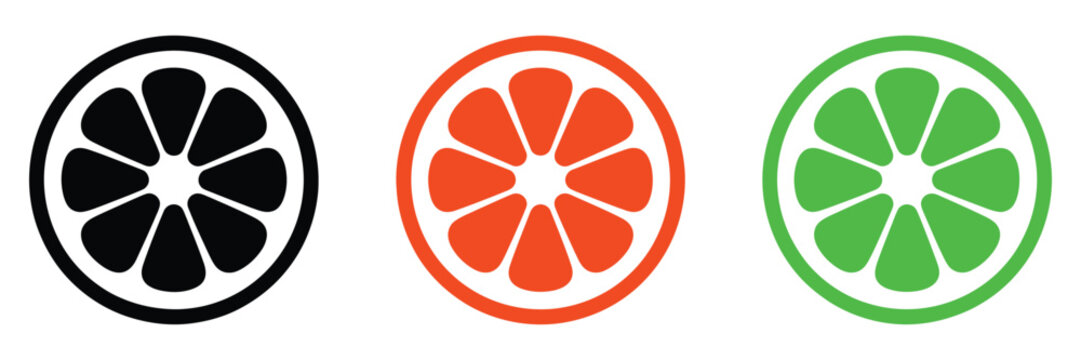 Orange slice shape set, grapefruit black symbol collection, mandarin citrus elements for summer promotions, healthy living, fresh food design visuals