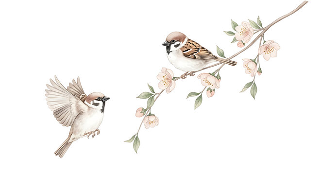 Two sparrows one flying one perched on a branch with pale pink blossoms bird
