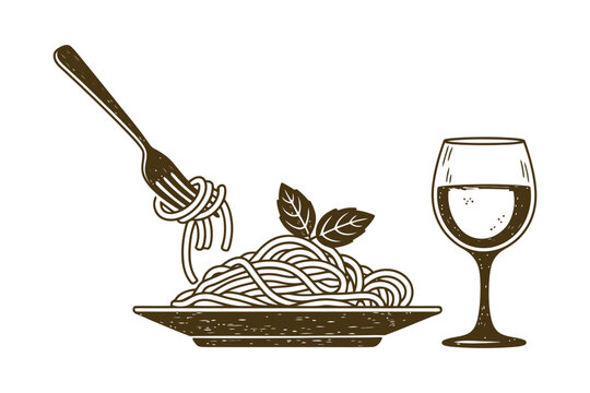 Black and white line of spaghetti being twirled with a fork and wine glass