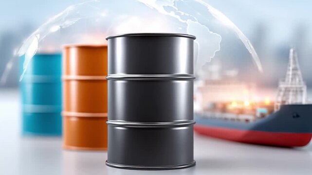Digital tracking oil trade flows concept featuring metal barrels and cargo ship representing global energy shipping transport