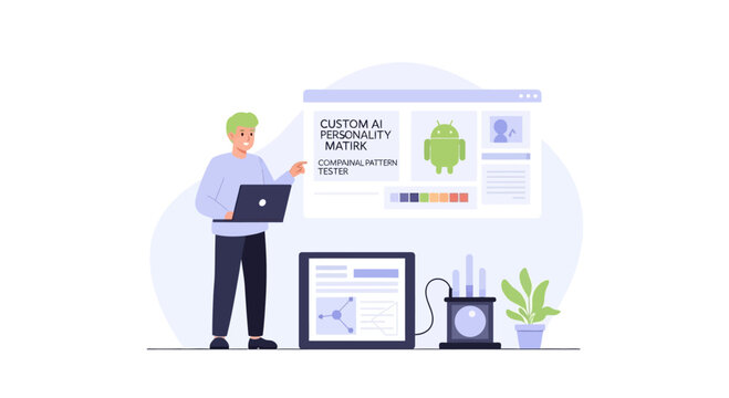 Developer customizing AI personality matrix on computer screen with Android logo