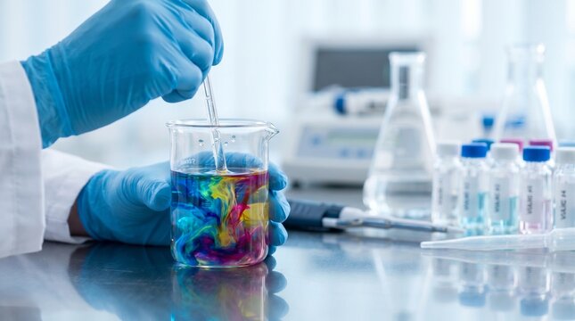 Gloved hands mixing colorful liquid