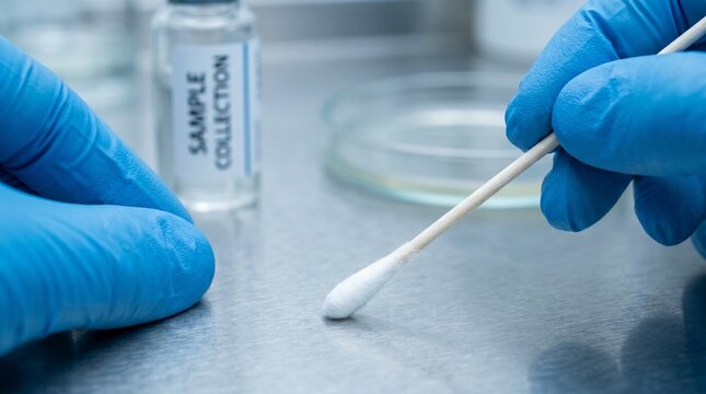 Gloved hands swabbing surface