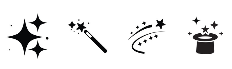 Collection of black magic icons representing fantasy sparkle and wizard . © Gill