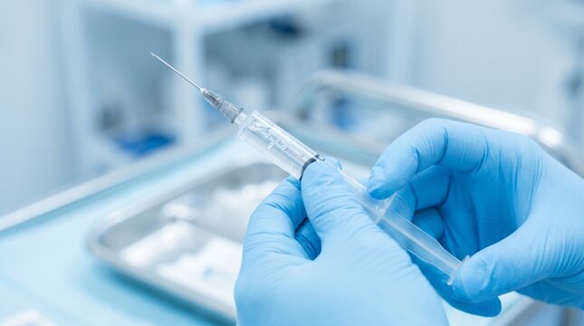 Gloved hands flicking syringe