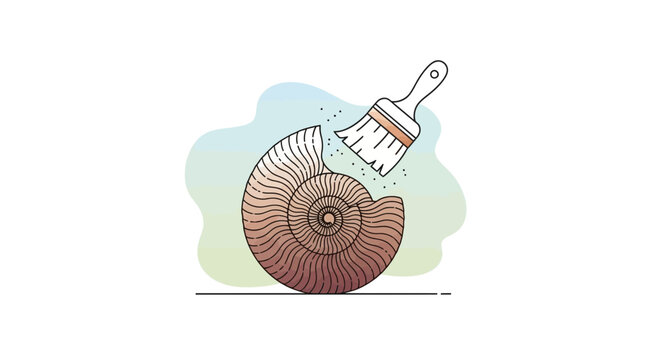Fossil cleaning, brush revealing ancient ammonite shell, paleontology discovery, historical artifact