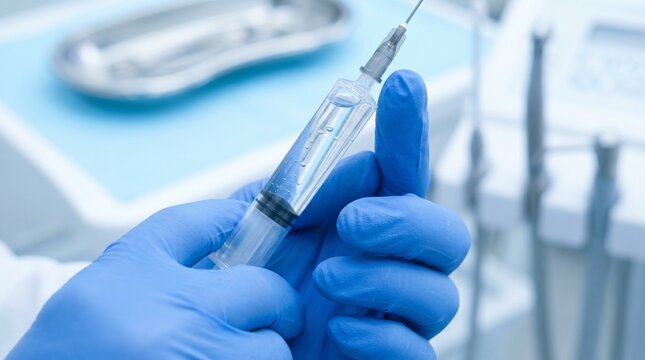 Gloved hands flicking syringe