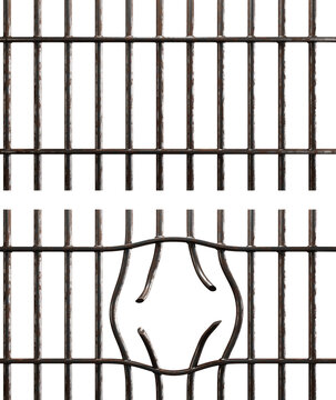 Rusty prison bars with broken section forming an escape opening symbolizing confinement and freedom