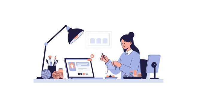 Woman knitting and learning online on laptop, creative hobby, remote work, home office
