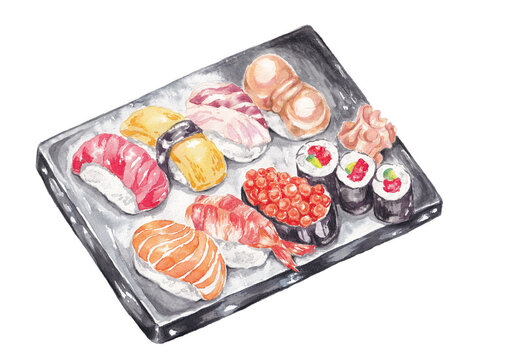Hand-painted watercolor illustration of sushi plate, isolated on white background