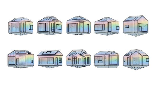 Collection of diverse modern house designs with sleek lines and holographic accents