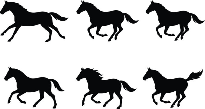 Running Horse Silhouette Vector Collection Featuring Galloping Mustangs and Stallions in Motion for Equestrian Branding, Horse Racing Logos, and Western Lifestyle Graphic Designs