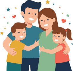 Fototapeta premium Joyful illustration of a happy family embracing warmly, surrounded by hearts and stars, symbolizing love, togetherness, and celebration of parental bonds and family happiness