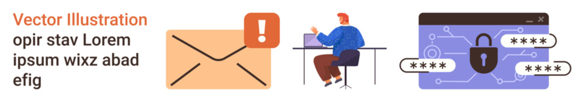 Data protection, cybersecurity, email alerts, network security, online authentication, technology risks. Envelope with alert symbol, person working at desk, locked browser with passwords