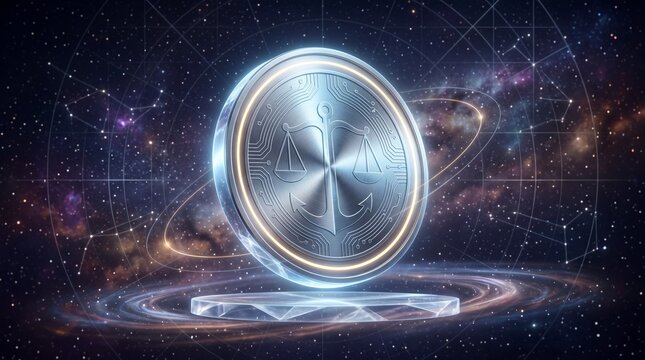 Silver digital coin with libra scale symbol floating in starry galaxy.