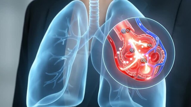 Lung alveoli illustration showing oxygen exchange process in respiratory anatomy with microscopic air sacs, blood vessels, and capillaries for medical education and vital air sac function