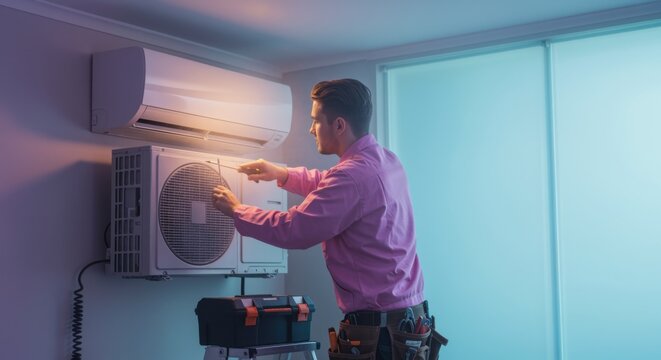 Male HVAC technician repairing a wall mounted air conditioning unit for home services, appliance maintenance and professional cooling system repair advertising