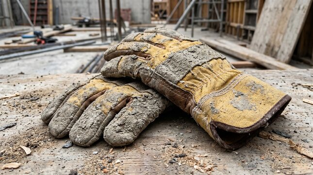 Well-worn construction gloves covered in dirt and debris on a worksite