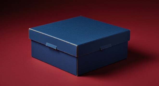 Blue square cardboard delivery box placed on a red surface for logistics branding, product packaging design and e-commerce shipping mockup in a high contrast studio setting