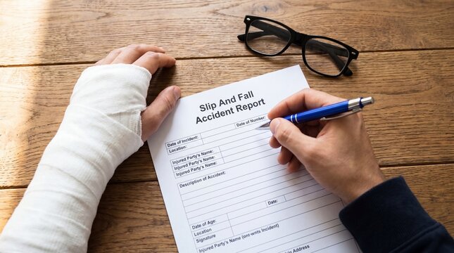 Business professional filling out accident report at wooden desk with glasses