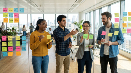 Obraz premium Diverse Startup Team Brainstorming with Sticky Notes on Glass Wall.