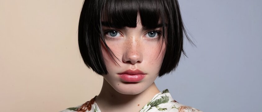 Face of a young woman with straight bangs and freckles looking at camera for beauty editorial, skincare advertising and hair salon marketing with copy space background