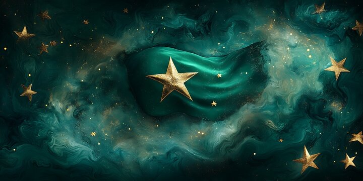 Golden star emblem resting on a flowing teal fabric wave surrounded by shimmering celestial sparkles in a dark dreamy atmosphere