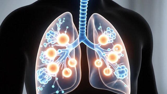 Lung anatomy illustration highlighting alveoli and oxygen exchange process inside respiratory system with glowing air sacs and bronchial tubes in chest silhouette for efficient air flow