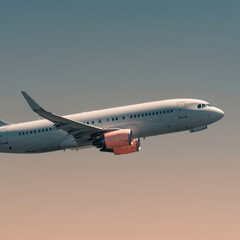 Fototapeta premium Commercial jet aircraft with blank fuselage flying against a muted gradient sky for aviation logistics mockup, airline branding and travel advertising with copy space